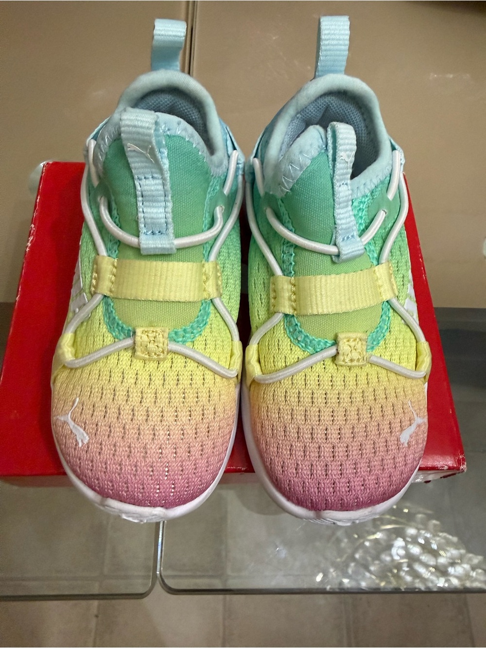 Baby Puma Kids Gradient Slip-On Sneakers in Pink, Yellow, Green, Blue. Size 6C